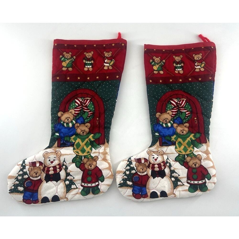 Cranston Vntg Christmas Friends Stockings Cut Sew Brown Bears Cotton Holiday USA